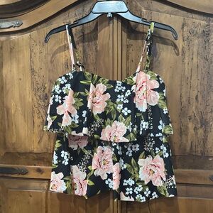 Kona sol Floral Ruffle Cami Tankini - Black & Pink